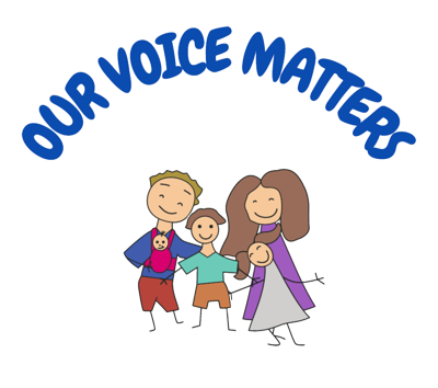 A logo of family hand drawn by a young person. The text says 