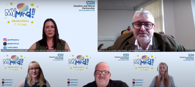 A screenshot from an online Teams meeting, featuring 5 people in separate boxes. They have 'MyMind Week' themed backgrounds.