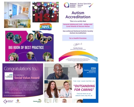 A variety of images to show awards that CWP have received, ranging from the HSJ award to a National Autism Specialist accreditation
