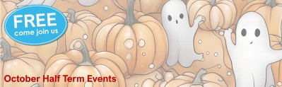 Halloween-themed promotional banner featuring illustrated pumpkins and friendly white ghosts in autumn colours. A blue circular badge in the top left reads ‘FREE come join us’ in white text. At the bottom, red text announces, ‘October Half Term Events’ against the decorative Halloween background of carved pumpkin with glowing eyes and cheerful cartoon ghosts.